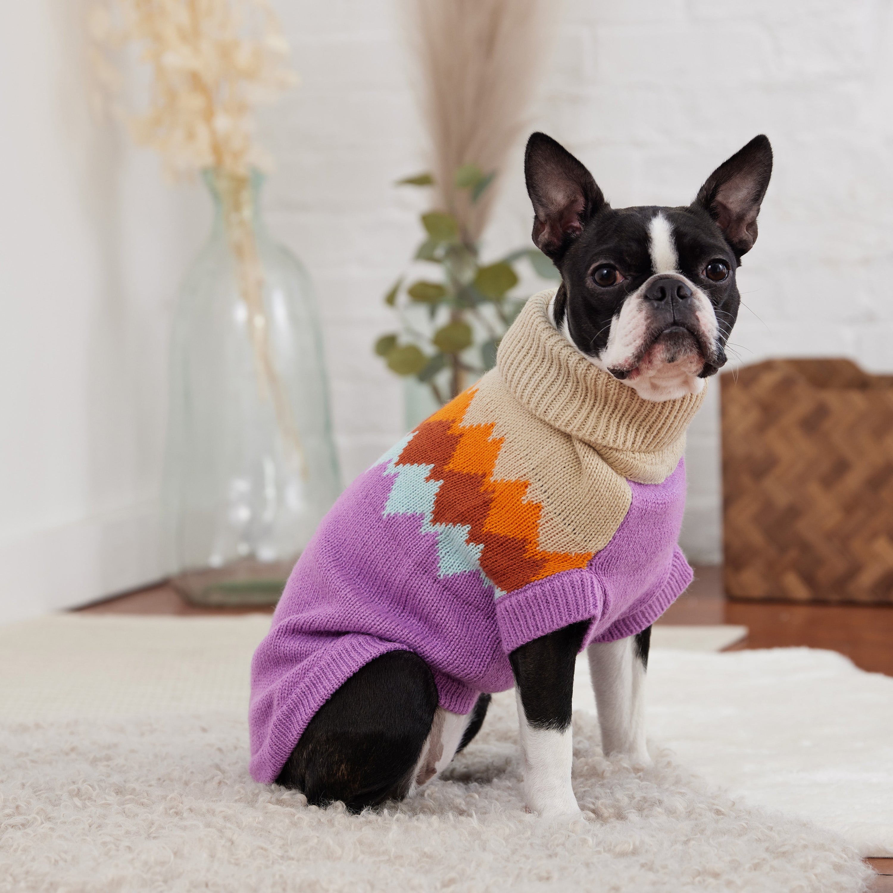 Cozy Fireside Purple Dog Sweater - Warm Knit Turtleneck for Pets