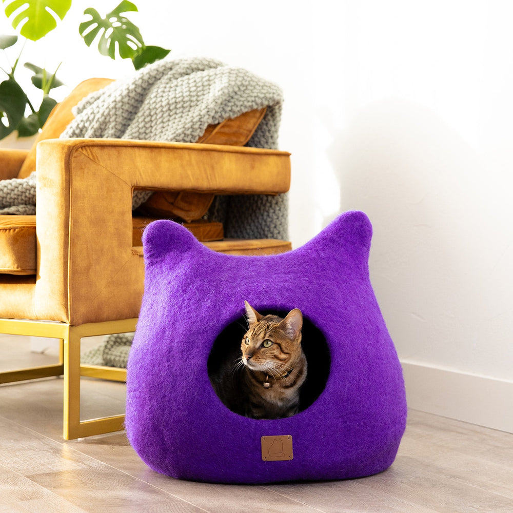 Plum Purple Ear Style Cave Cat Bed | Luxury Felted Wool Cat Cave