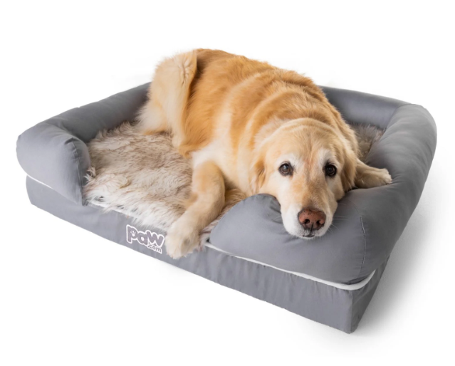 PAW PupLounge Memory Foam Bolster Dog Bed & Topper - Grey/White, Medium/Large Size