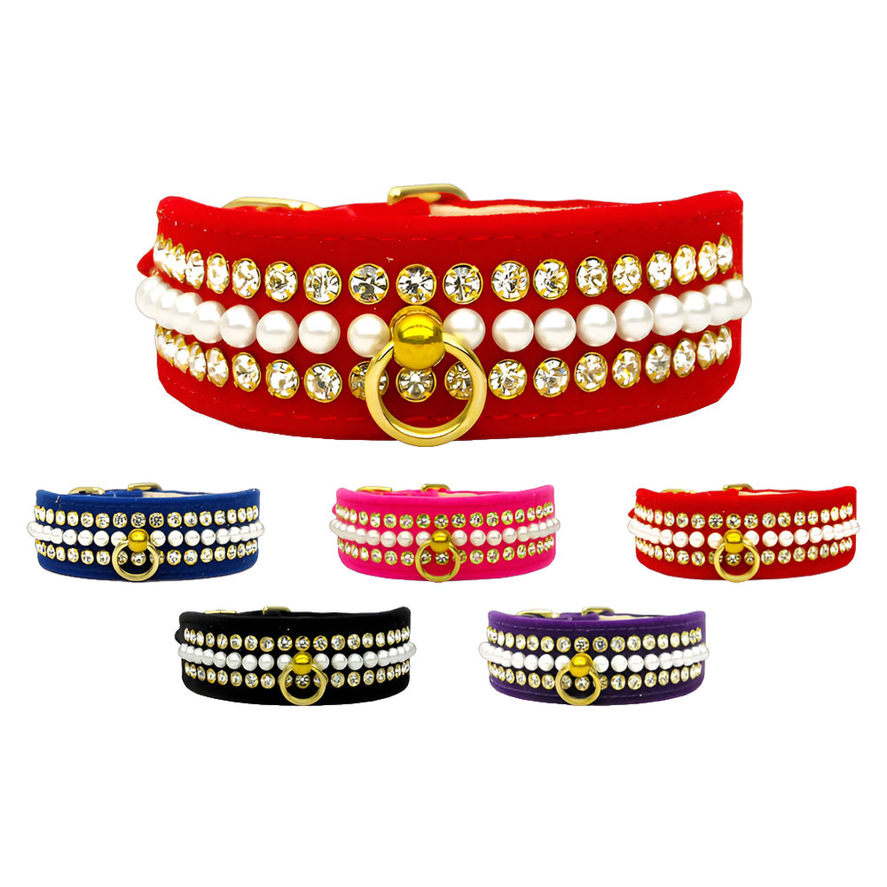 Velvet Mini Pearl & Crystal Dog Collar - Luxury Pet and Puppy Accessory