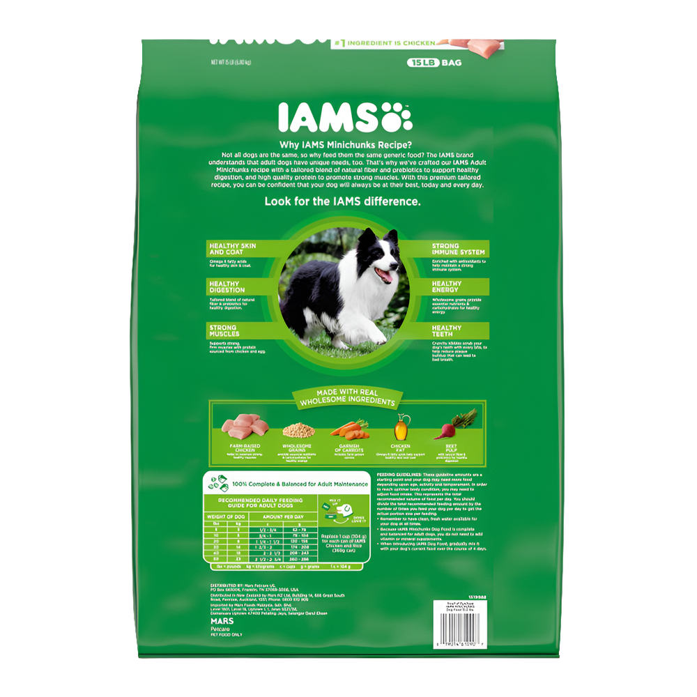 IAMS Minichunks Adult Dry Dog Food, Real Chicken, 15 lb - High Protein Small Kibble