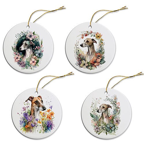 Dog Breed Specific Round Christmas Ornament, "Whippet"