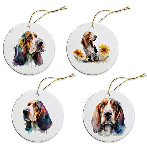 Dog Breed Specific Round Christmas Ornament, "Basset Hound"