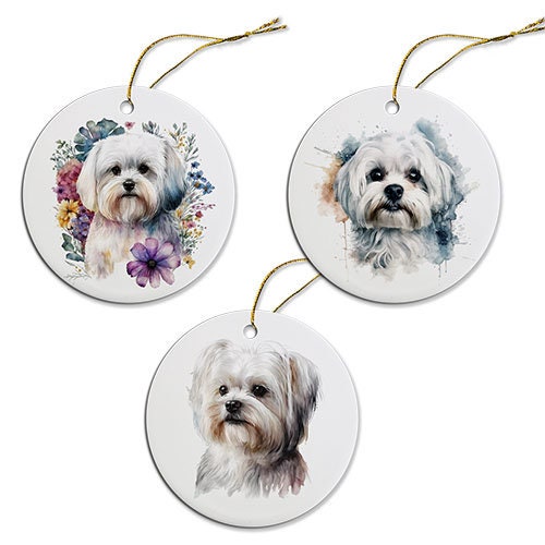 Dog Breed Specific Round Christmas Ornament, "Maltese"