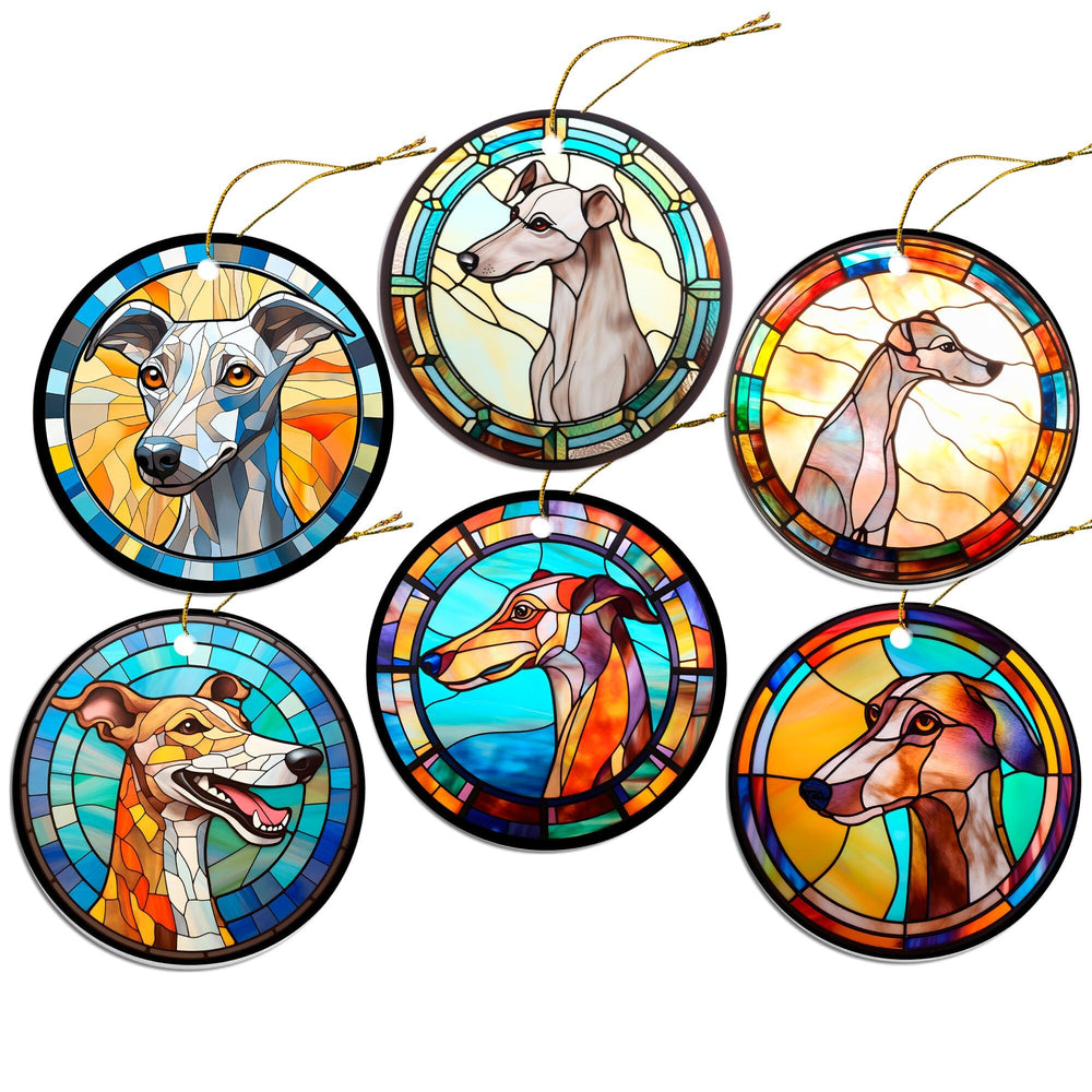 Dog Breed Christmas Ornament Stained Glass Style, "Whippet"