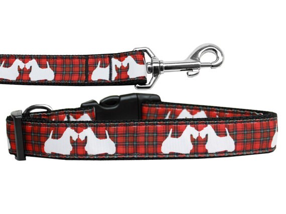 Pet Dog & Cat Nylon Collar or Leash, "Red Plaid Scotty Pups"