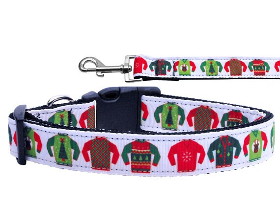 Christmas Pet Dog & Cat Nylon Collar or Leash, "Ugly Sweater"